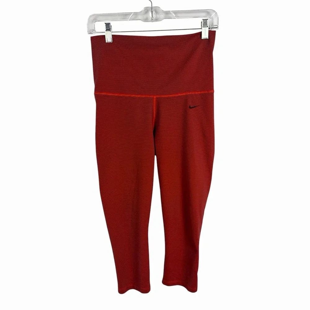 Nike Dri-FIT Foldover Capri Leggings Women's Small Red Black Striped Athletic